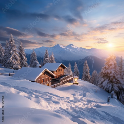 Cozy mountain hut in snowy nature. Winter country. Generative AI. © Simona
