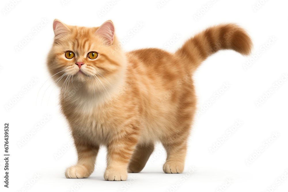 Adorable Munchkin Tabby Cat with Yellow Eyeson White Background.  Isolated