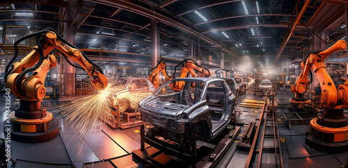 modern manufacturing, featuring a group of industrial robotic arms in mid-operation.