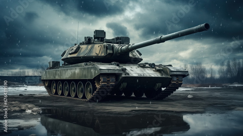 Military tank poised on icy terrain under stormy skies.