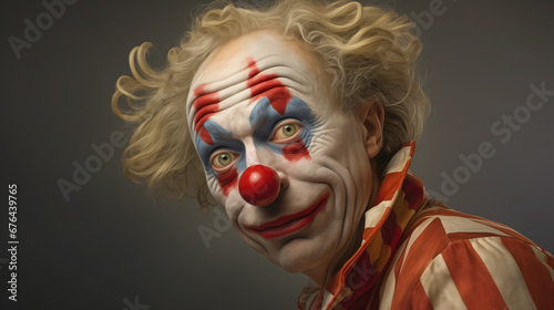 Sardonic clown with vivid makeup and a whimsical expression. photo