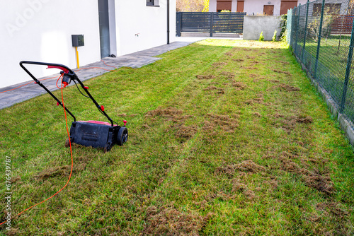 Scarifying the lawn before the winter season using an electric scarifier. photo