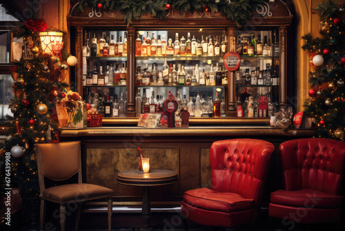 Cozy retro bar decorated for Christmas