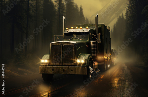 a truck driving down a road with bad weather, Freight transportation, Generative AI