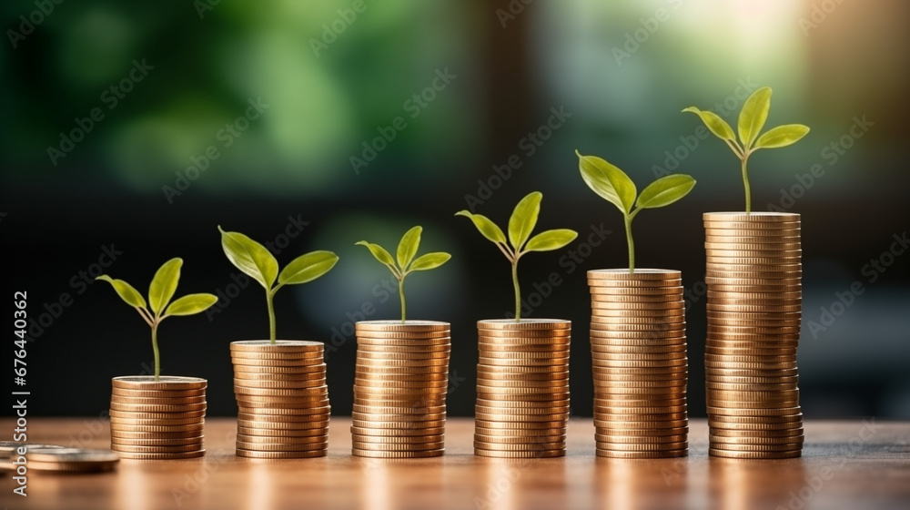 Growing plant on row of coin money. in Concept of finance And Investment of saving money or financial and business growth for profit. Growing plant on row of coin money. in Concept of finance And Investment of saving money or financial and business growth for profit.