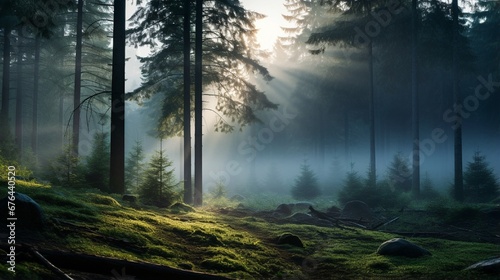 The early morning pine woodland with sunshine peeking through the fog is enigmatic.
