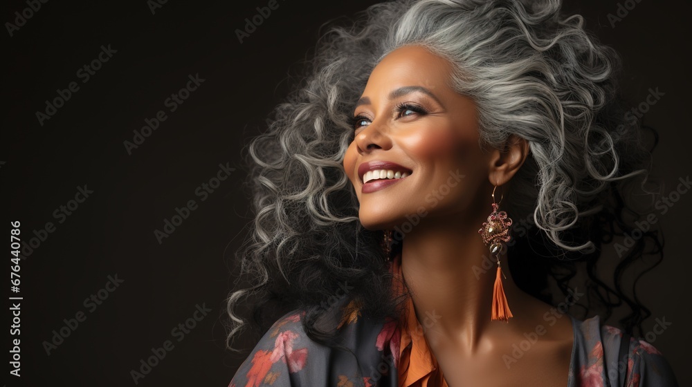 Naklejka premium Capture the essence of ageless beauty in this stock photo featuring a middle-aged African woman with grey hair and impeccable facial skin, a compelling choice for beauty marketing campaigns