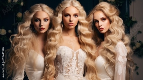 Three lovely ladies in white bridal gowns with super golden hair coloring Curls in a stylish hairstyle done in a beauty salon Fashion, cosmetics, and cosmetics Beautiful brides.
