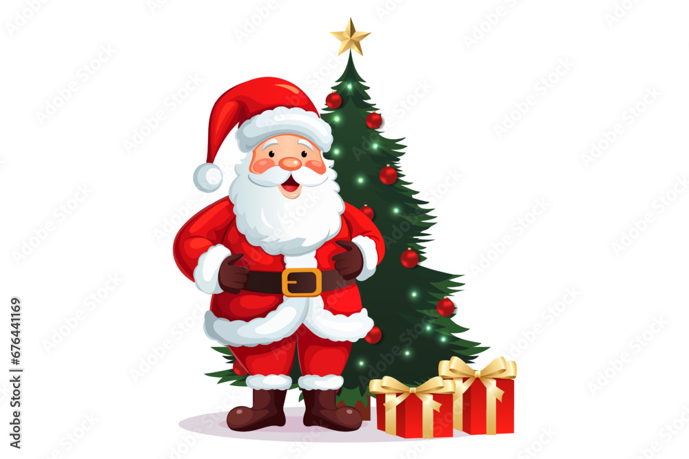 Cheerful cartoon Santa Claus against the background of a decorated Christmas tree with a garland, balls and holiday gifts. Design for New Year or Christmas.