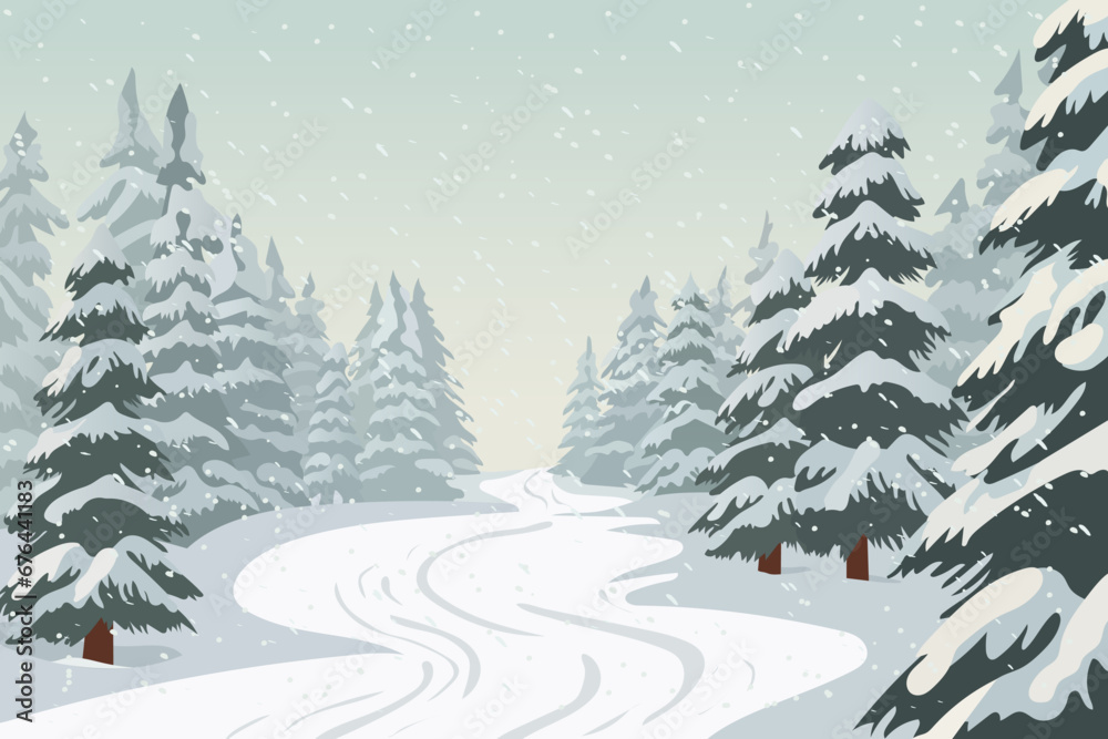 Landscape of a winter road in a pine forest. Beautiful winter road in snowdrifts among large trees in snowy weather. New Year or Christmas design.