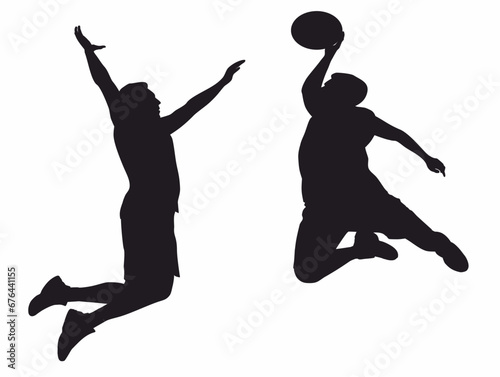 silhouettes of two basketball players in different action. 