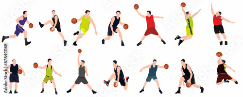 basketball player set. Group of different basketball players in different playing action. Set of basketball players throwing ball isolated on white background