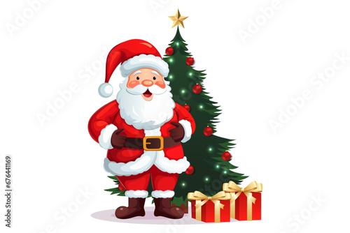 Cheerful cartoon Santa Claus against the background of a decorated Christmas tree with a garland, balls and holiday gifts. Design for New Year or Christmas. © LoveSan