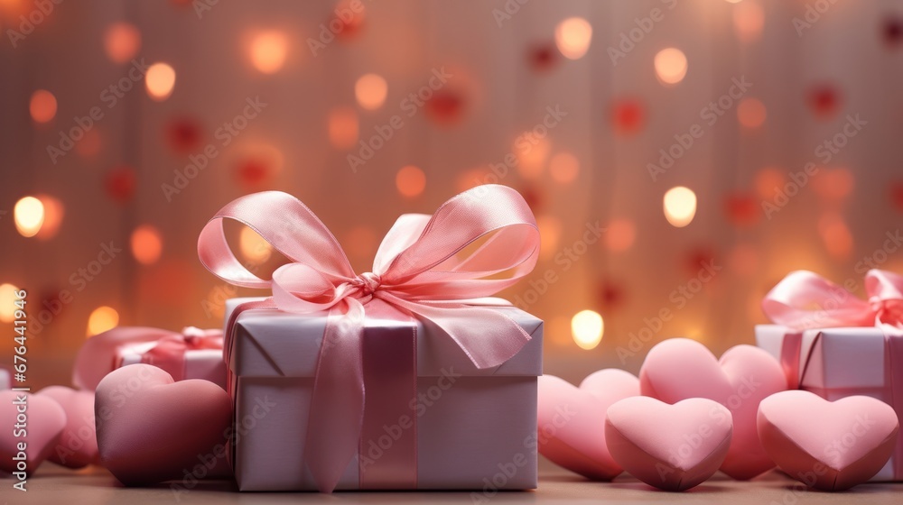 Valentines day background, gift box and pink hearts, bokeh lights