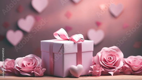 Valentines day background, gift box, hearts and pink roses