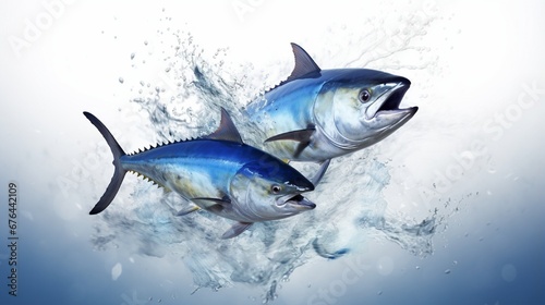 Two tuna fish leap from half-earth water. 2 May, fishing and conservation, translation: world tuna day isolated on white background.