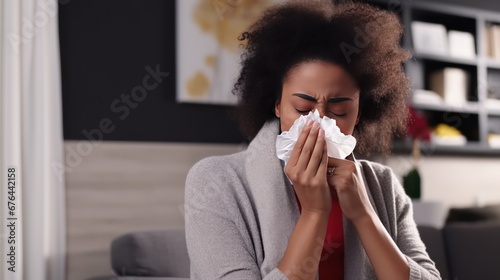 African American woman wrapped in warm clothes due to chills has flu and sneezes in napkin