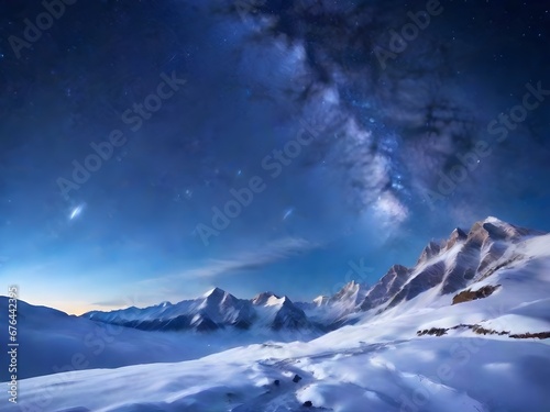 snow covered mountain landscape in winter with a beautiful nightsky