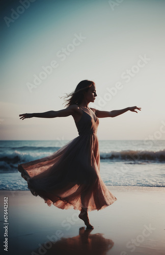 giovane affascinante ballerina che danza al tramonto su una spiaggia deserta photo
