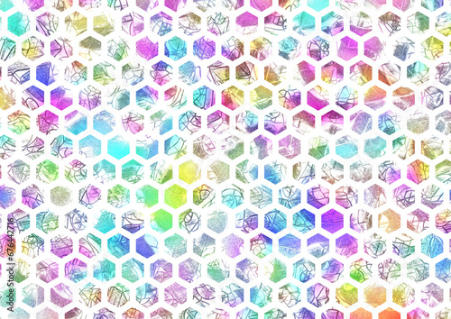 White background with colored hexagons.