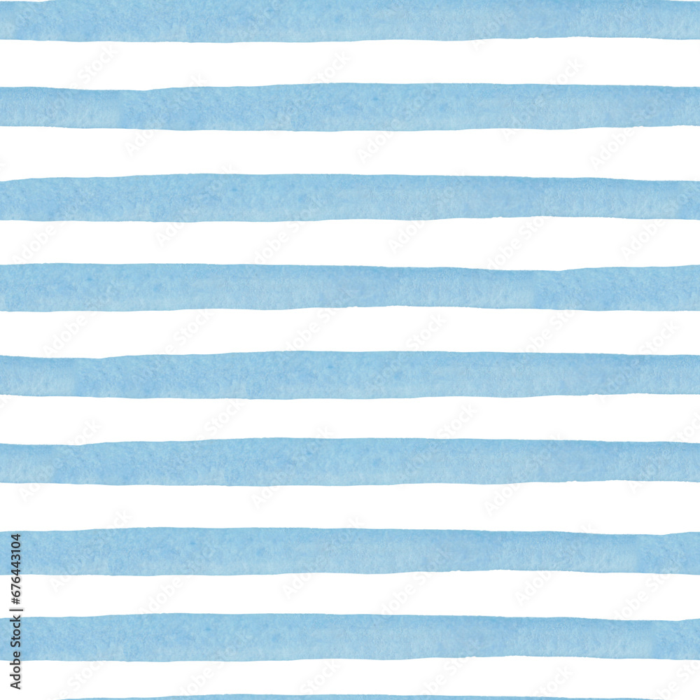 Hand drawn striped seamless watercolor pattern, blue stripes on a white background, childish bright brush strokes with a nautical theme. - obrazy, fototapety, plakaty 