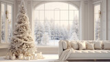 Intérieur d'une maison avec un sapin de Noël et cadeaux, paquets, présents et décoration. Fond pour conception et création graphique. Ambiance familiale, festive et hivernale.	
