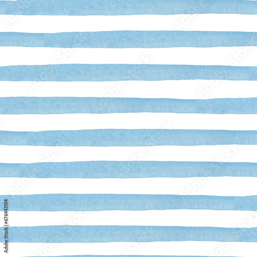 Hand drawn striped seamless watercolor pattern, blue stripes on a white background, childish bright brush strokes with a nautical theme.