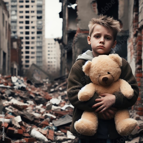 children hug their toys in the middle of a destroyed building. war background