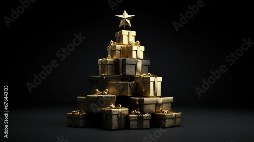 Un sapin de Noël fait de cadeaux de Noël doré et noir. Fond pour conception et création graphique. Ambiance familiale, festive et hivernale. photo