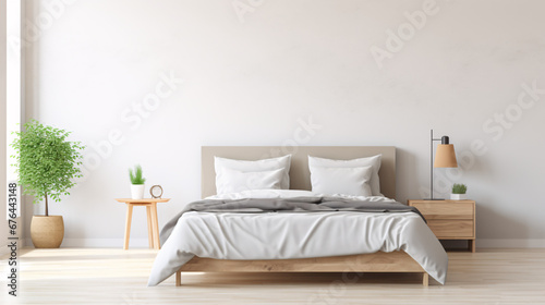 Front view of empty modern white bedroom. © Framefolio