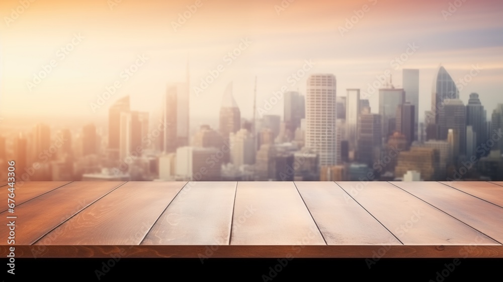 Empty wooden table top with cityscape background.