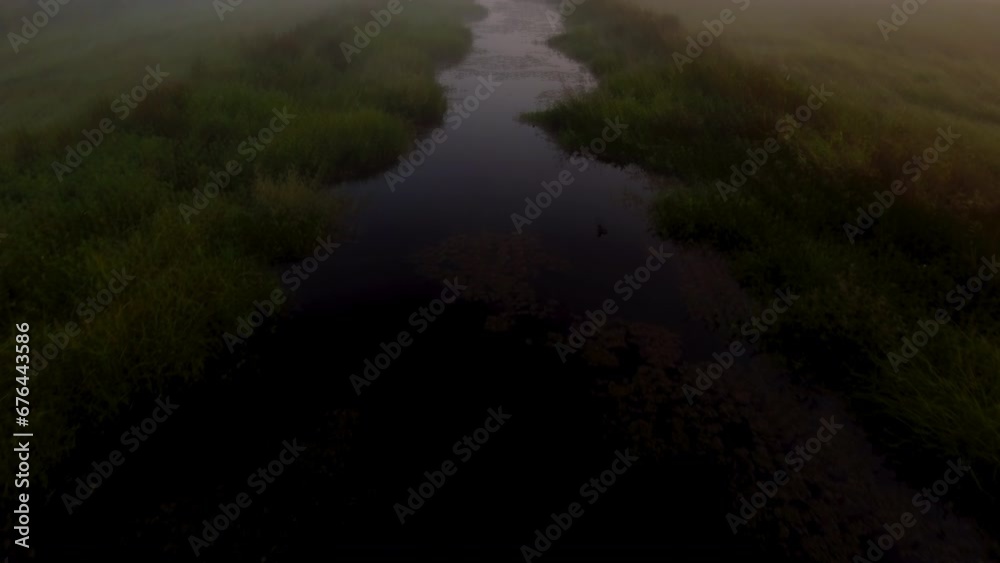 Aerial: Drone Forward Tilt Up Scenic Shot Of Tranquil Water Stream During Foggy Weather At Sunset - Bayou, Louisiana Aerial: Drone Forward Tilt Up Scenic Shot Of Tranquil Water Stream During Foggy Weather At Sunset - Bayou, Louisiana