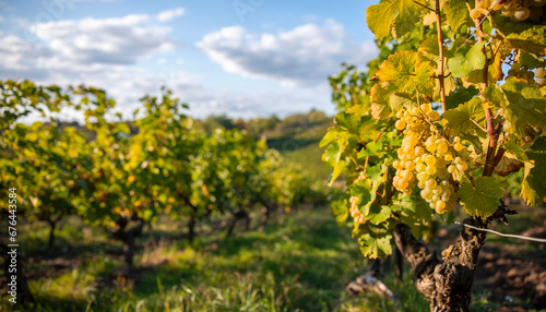 Fototapeta Naklejka Na Ścianę i Meble -  Grappe de raisin blanc dans un vignoble au soleil avant les vendanges d'automne.