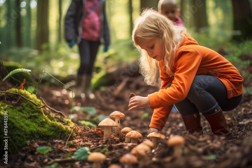 Fictional little blonde girl in an orange colored hoodie learning about mushrooms during an outdoor lesson in the autumn forest. Concept of awareness of sustainability, nature, and discovery. 