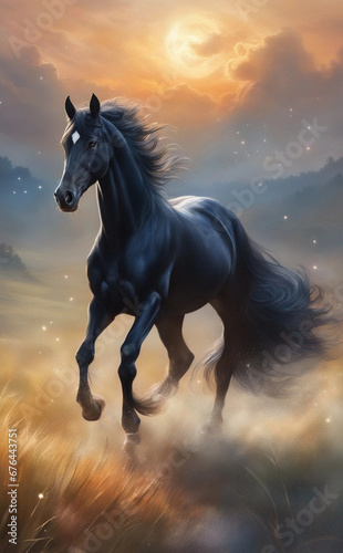 Stallion with long mane run fast against dramatic sky in dust. Generative AI.