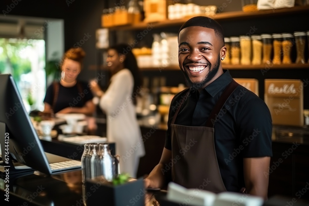 Salesman African American standing behind counter smiling with shelves of goods on background