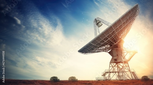 Huge radio telescope aimed directly into sky in middle of deserted desert catching signals photo