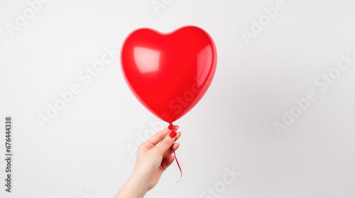 Female hand holding red heart shaped balloon isolated on white background with copy space. Valentine's Day or Happy Birthday celebration concept.