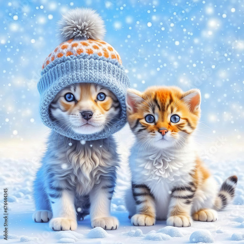 Cute babies, kittens and puppies in knitted hats on a snowy background. Christmas background with cute animals