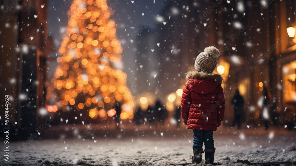 Child and Snowy Tree, Urban Christmas Magic Child and Snowy Tree, Urban Christmas Magic