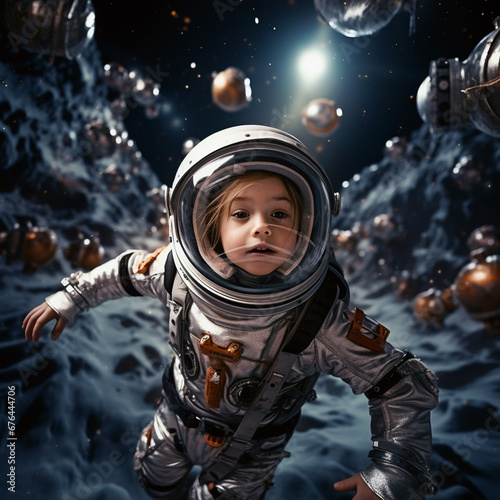 A seven-year-old girl in a spacesuit flies in outer space, around the planet and constellation. Girl astronaut. Unusual background. Fantastic. © LUKIN IGOR 