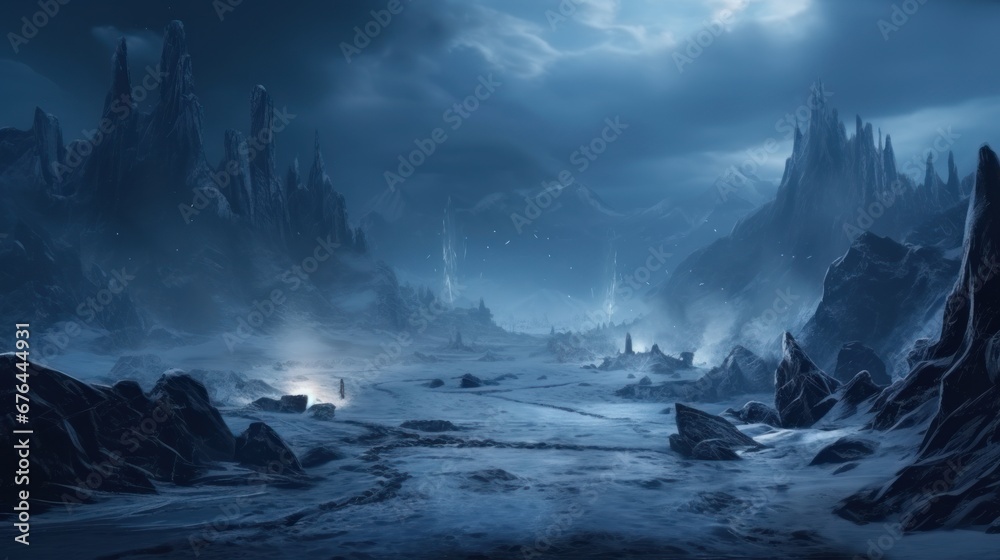 Beautiful view of the winter, dark valley, majestic and mysterious, game art