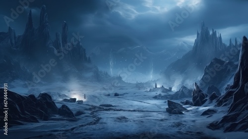 Beautiful view of the winter  dark valley  majestic and mysterious  game art