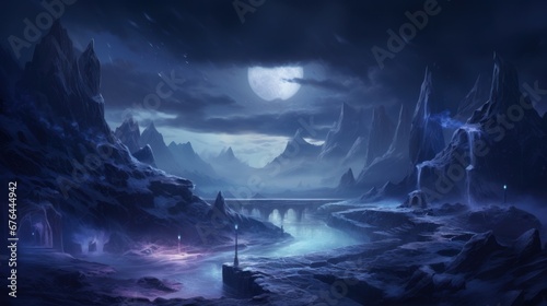 Beautiful view of the winter, dark valley, majestic and mysterious, game art