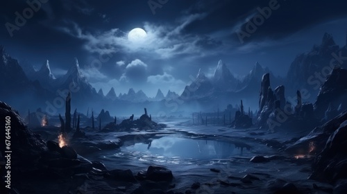 Beautiful view of the winter  dark valley  majestic and mysterious  game art