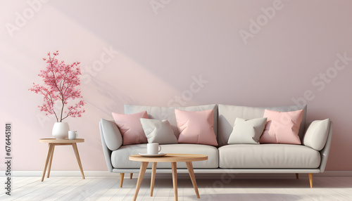 Scandinavian style interior with sofa and coffe table. Empty minimalist interior with pink pastel colors 