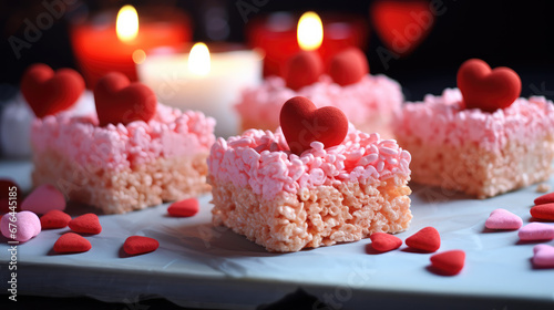 Cute valentines day rice krispy treat cookies. Delicious sweet rice crispy crunchy candy bars, holiday romantic dessert. photo