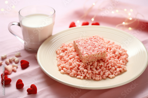 Cute valentines day rice krispy treat cookies. Delicious sweet rice crispy crunchy candy bars, holiday romantic dessert.