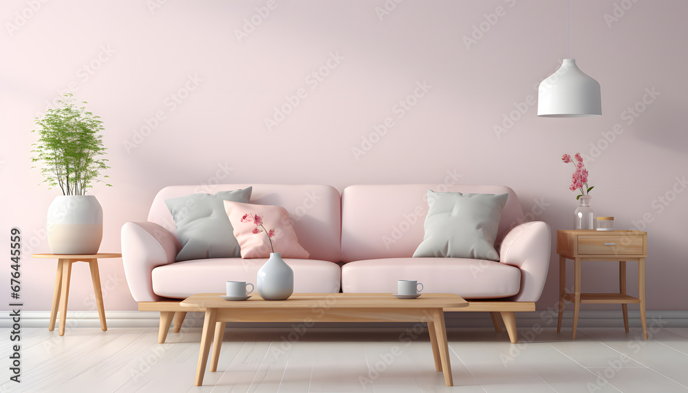 Scandinavian style interior with sofa and coffe table. Empty minimalist interior with pink pastel 
colors  - obrazy, fototapety, plakaty 