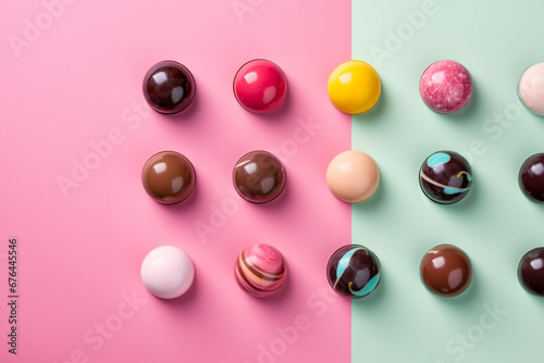 An assortment of homemade hand painted chocolate bonbons. AI generation photo